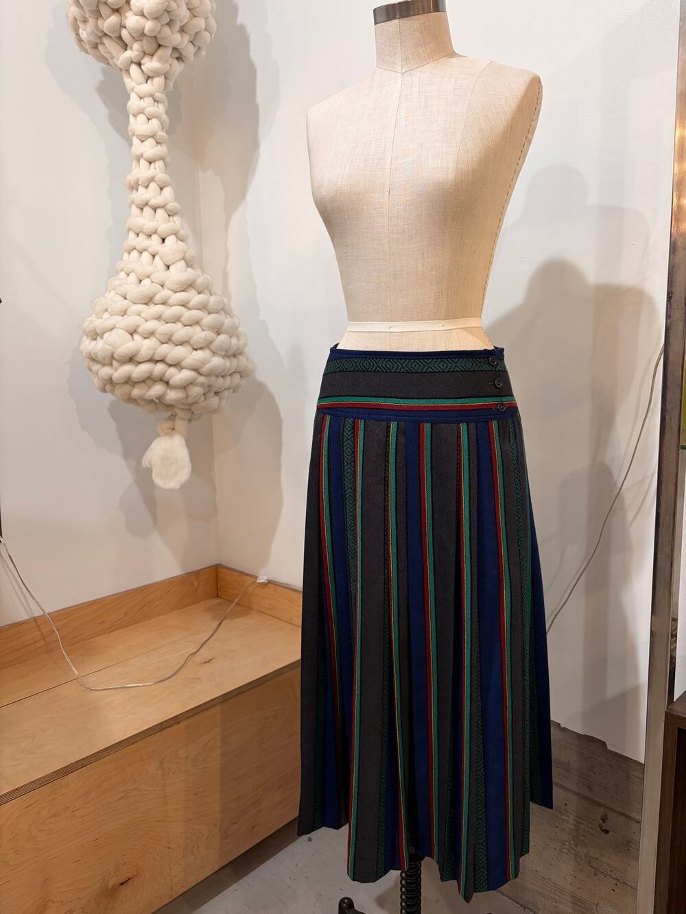 Vintage Kenzo Paris Wool Striped Pleated Midi Skirt Size 40 Made in France